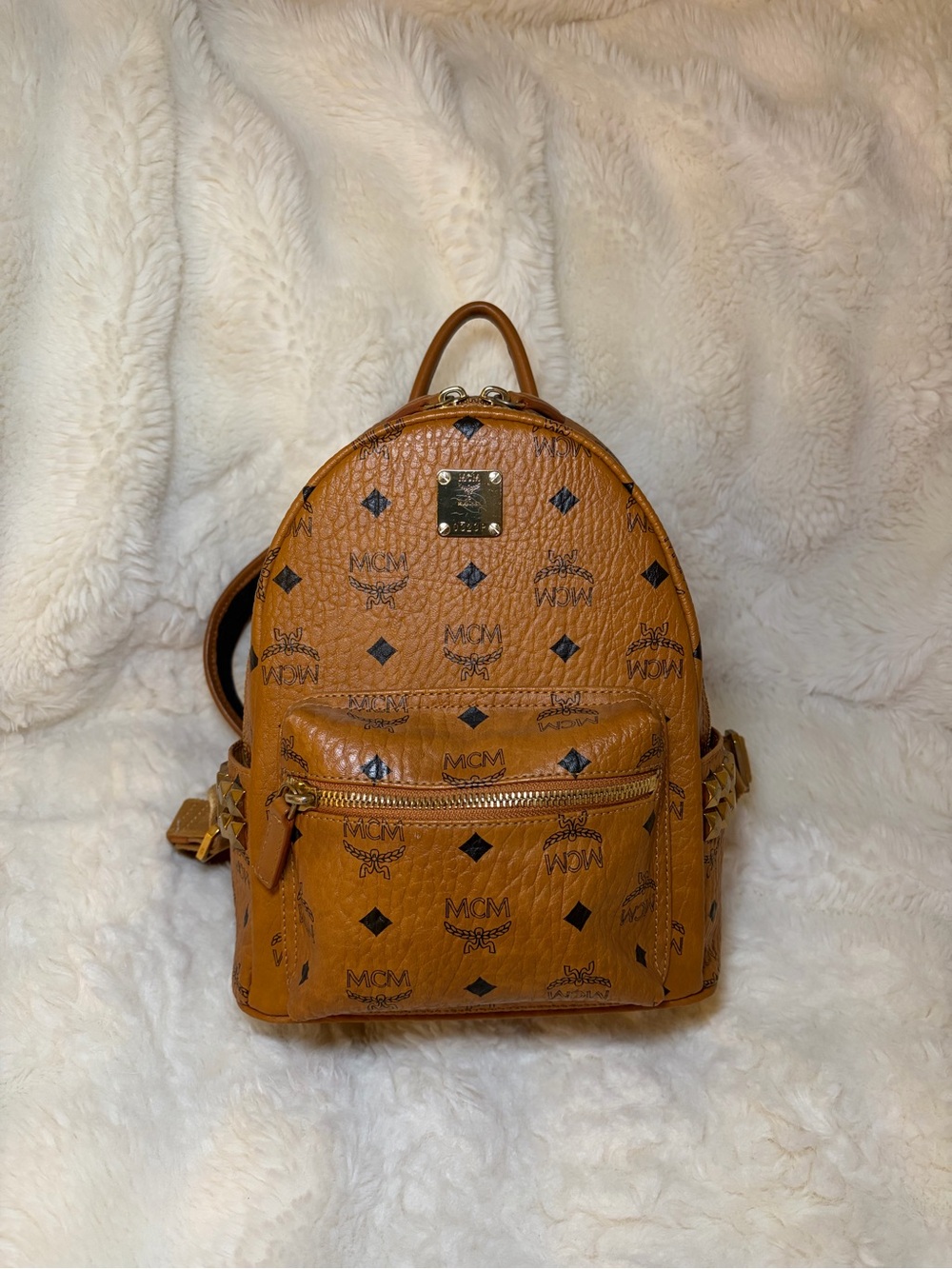 MCM Cognac Visetos Mini Backpack with Logo Print